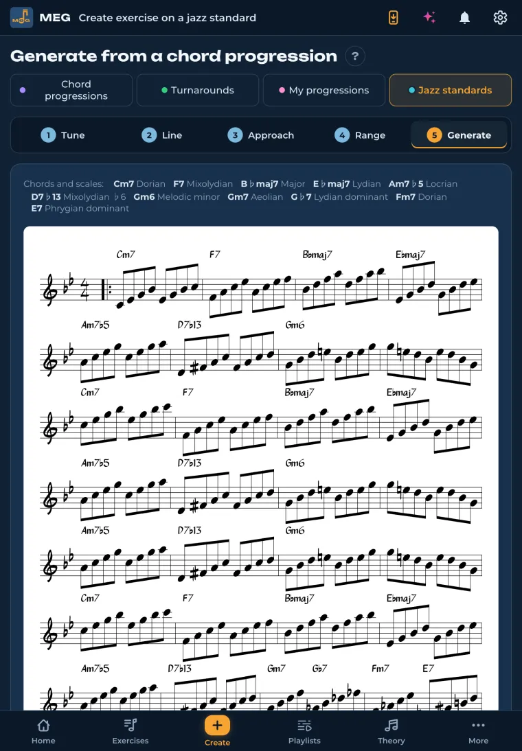 MEG on a tablet: the Autumn Leaves exercise, with chords and scales above the score