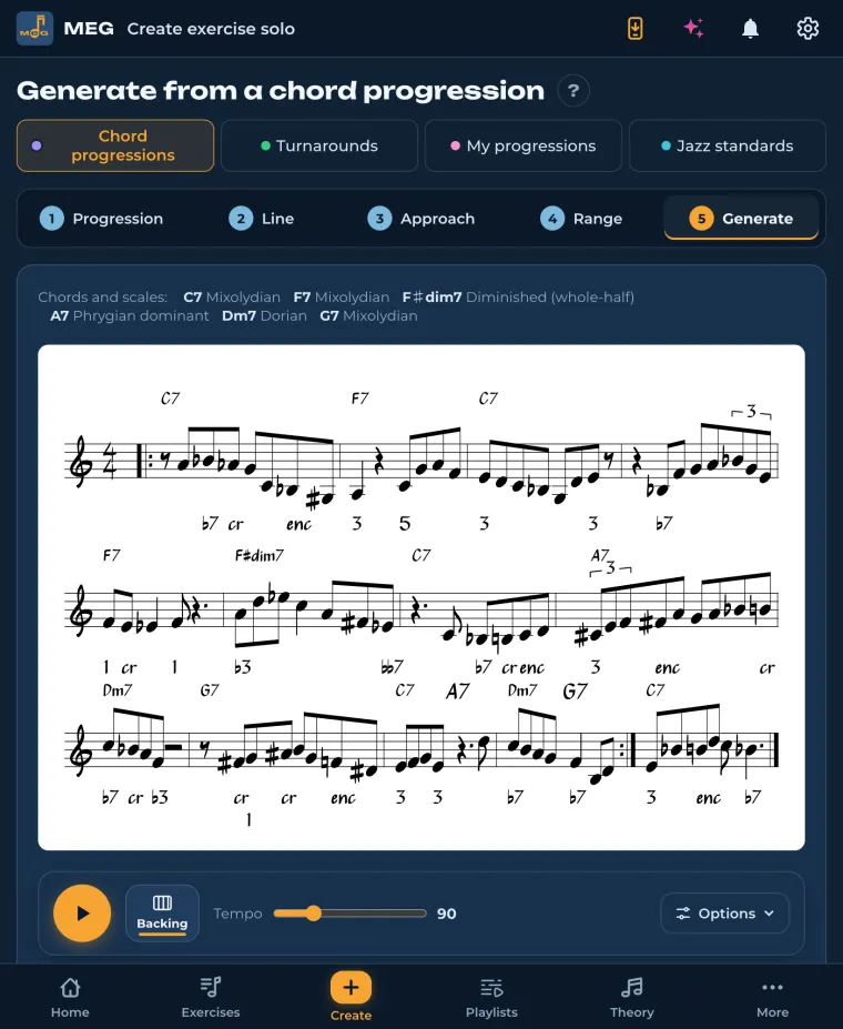 MEG: bebop solo on a jazz blues, with annotations